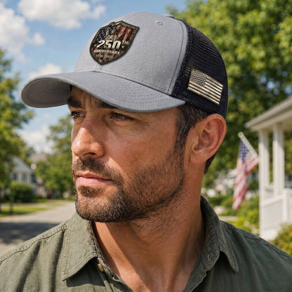 US 250th Anniversary Trucker Hat Vintage Liberty Shield Gray Leather Patch Cap