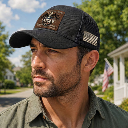 US 250th Anniversary Leather Patch Hat Patriotic Eagle Shield Black Trucker Cap