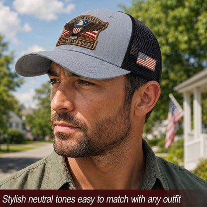 US 250th Anniversary Leather Patch Hat Patriotic Eagle Shield Trucker Cap