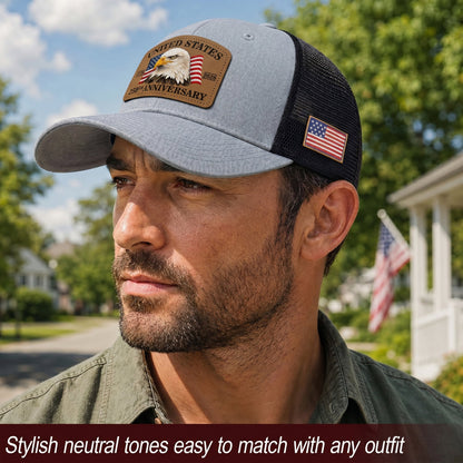US 250th Anniversary Trucker Hat Patriotic American Eagle Leather Patch Gray Cap