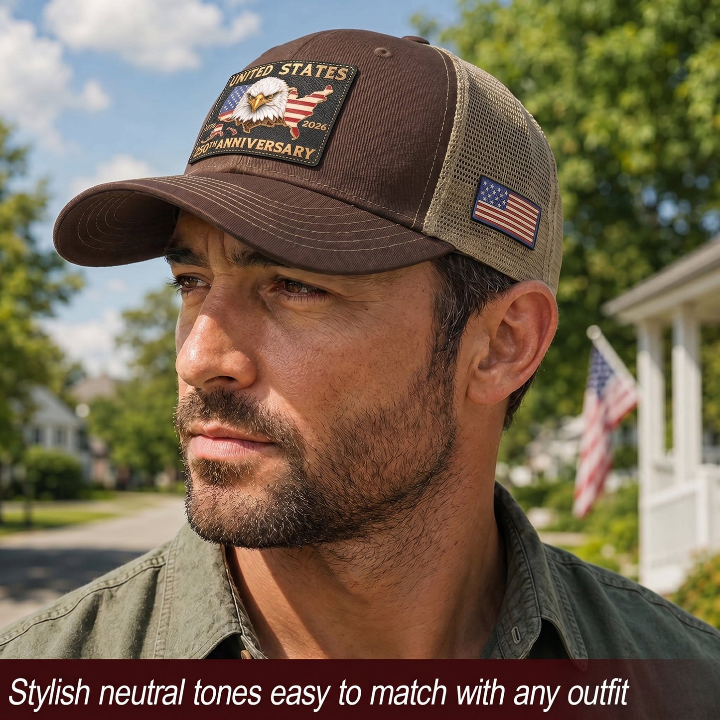 US 250th Anniversary Trucker Hat Vintage American Eagle Leather Patch Brown Cap