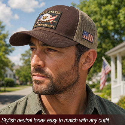 US 250th Anniversary Trucker Hat Vintage American Eagle Leather Patch Brown Cap
