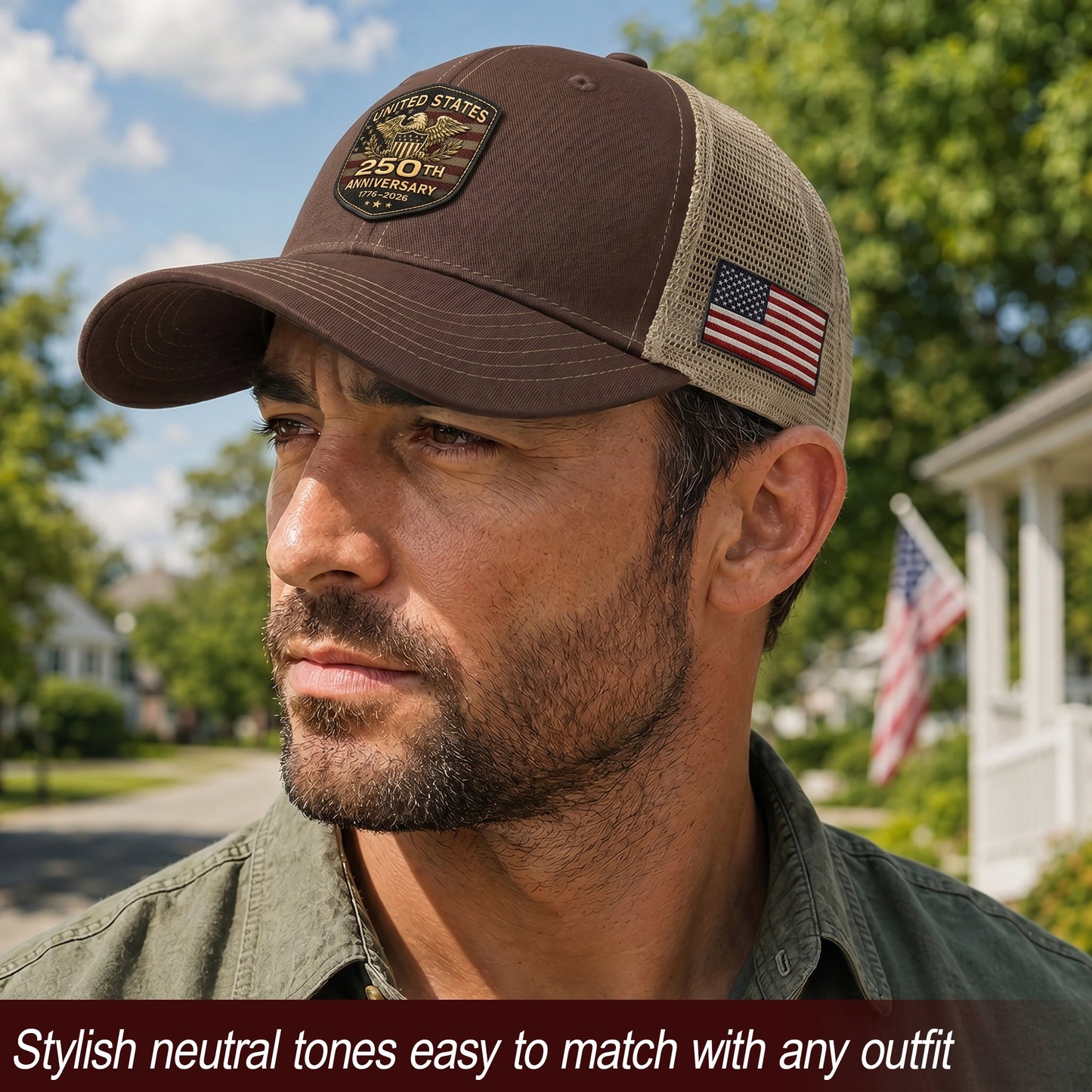 US 250th Anniversary Leather Patch Hat - Patriotic 1776-2026 American Flag Trucker Cap