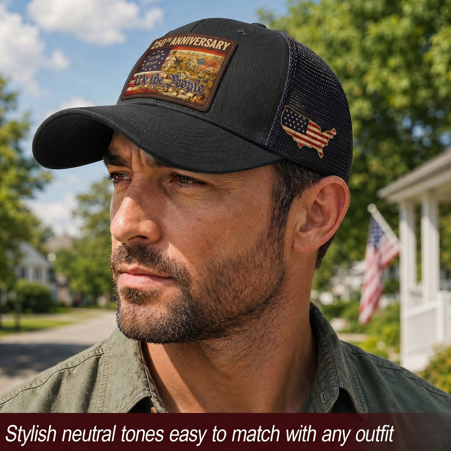 USA 250th Anniversary We The People Leather Patch Trucker Hat Patriotic Mesh Cap