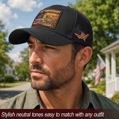 USA 250th Anniversary We The People Leather Patch Trucker Hat Patriotic Mesh Cap