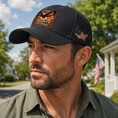 1776-2026 USA Heritage Leather Patch Trucker Cap Patriotic Eagle & Liberty Bell Hat
