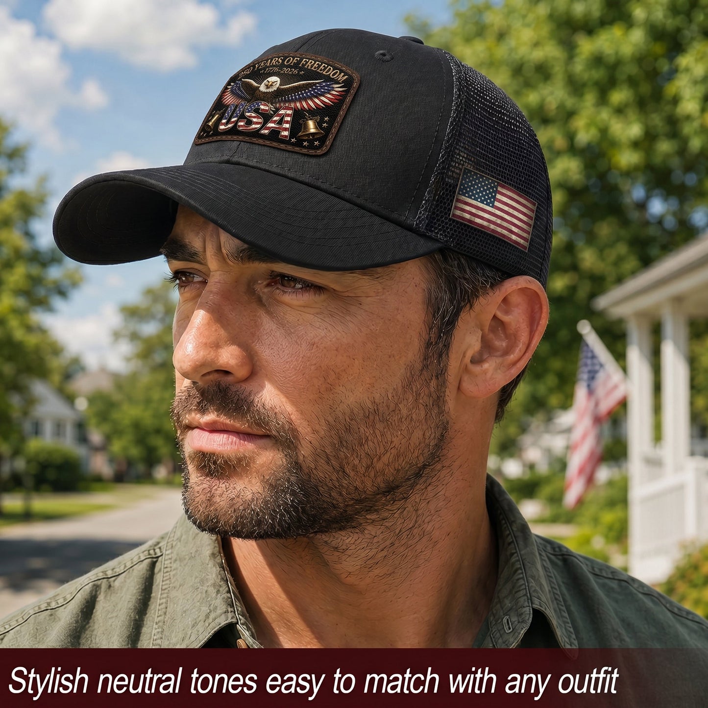 250th Anniversary Freedom Leather Patch Cap - Patriotic Black Trucker Hat