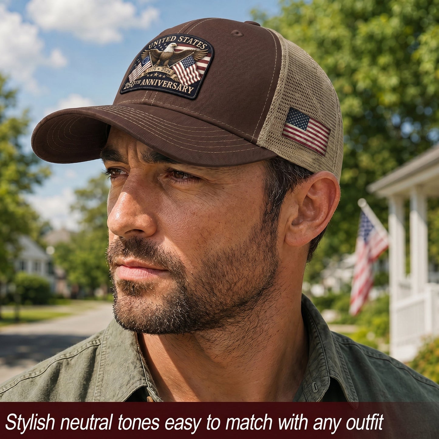 Leather Patch Hat United States 250th Anniversary Patriotic Mesh Back Summer Cap