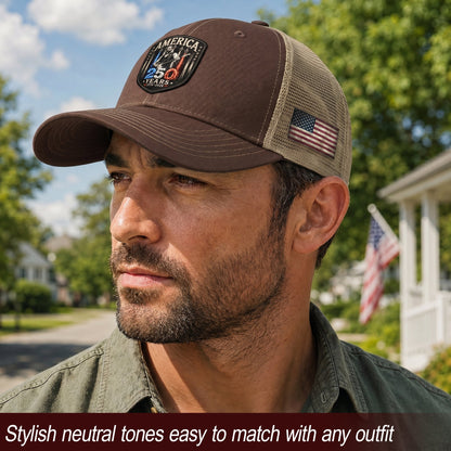 Leather Patch Hat Abraham Lincoln Guitar 1776-2026 Anniversary Cap Patriotic Brown Mesh