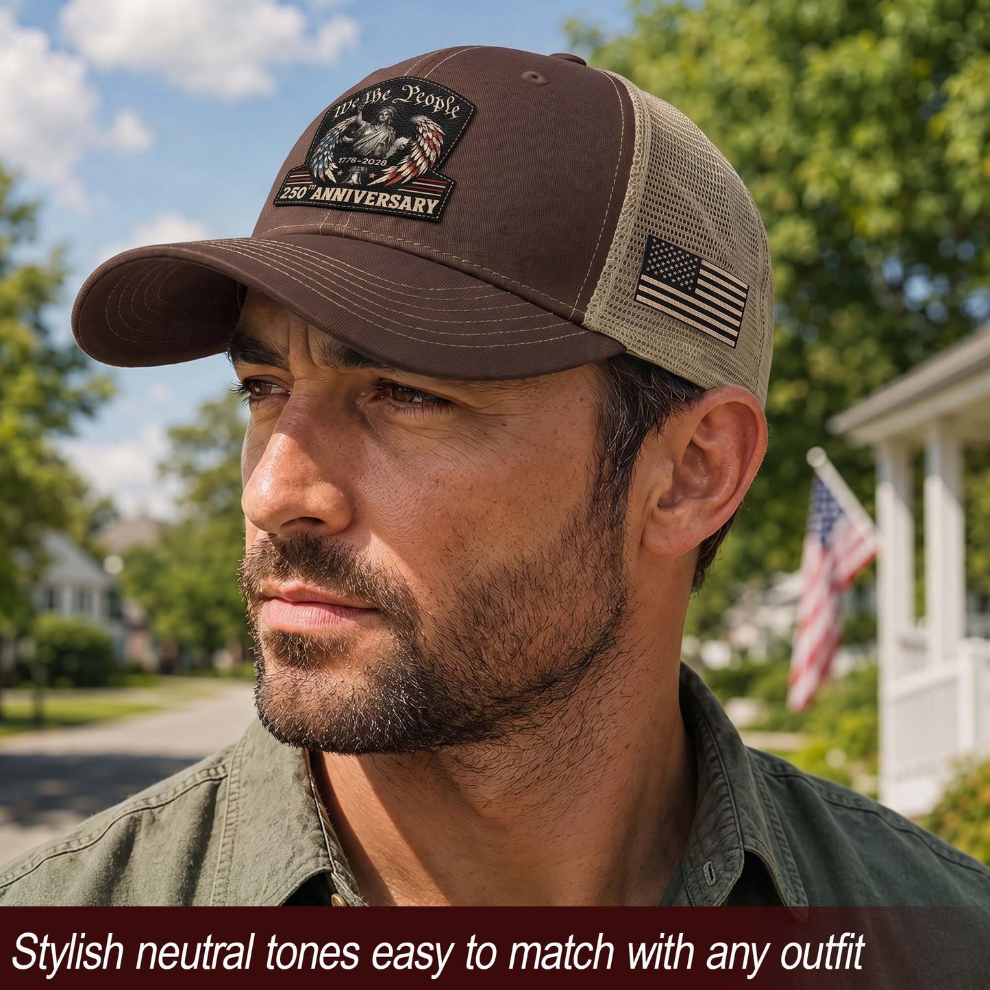 We The People Leather Patch Hat 250th Anniversary Trucker Cap Patriotic US Mesh Hat