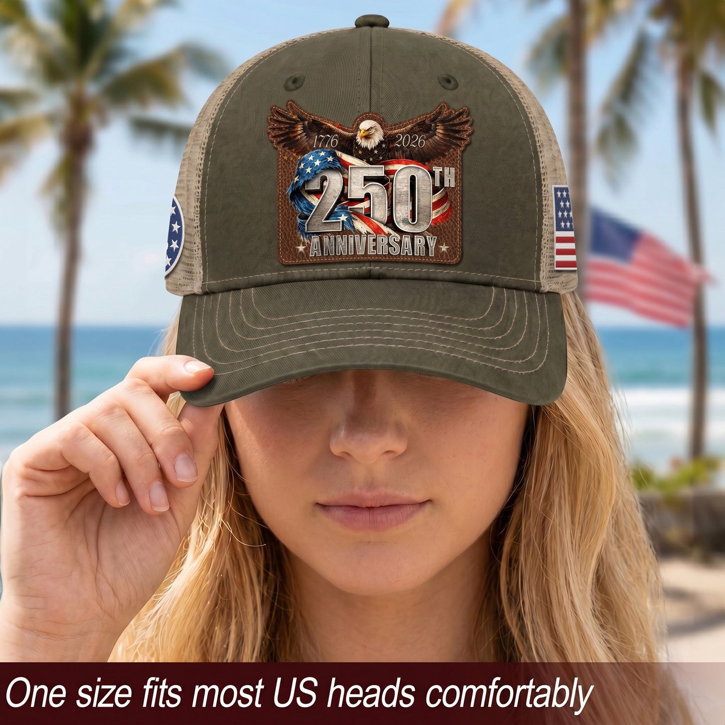 US 250th Anniversary Leather Patch Hat Patriotic Eagle Trucker Cap
