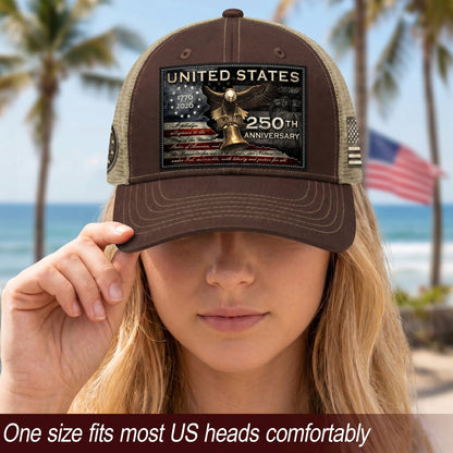 US 250th Anniversary Hat Pledge of Allegiance Liberty Bell Brown Trucker Cap
