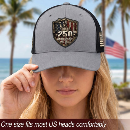 US 250th Anniversary Trucker Hat Vintage Liberty Shield Gray Leather Patch Cap