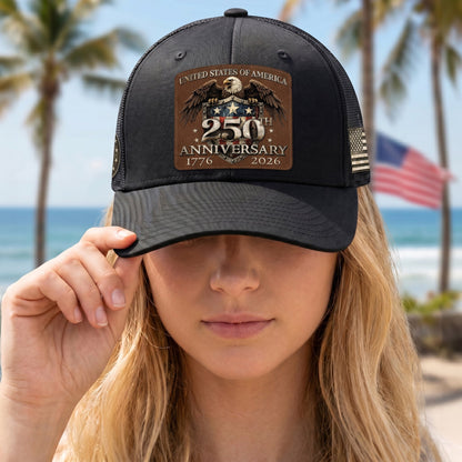 US 250th Anniversary Leather Patch Hat Patriotic Eagle Shield Black Trucker Cap
