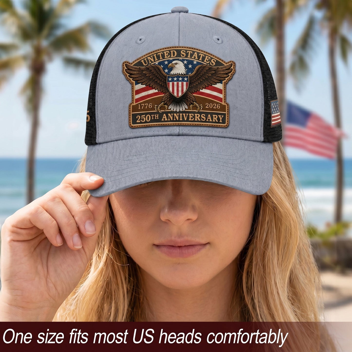 US 250th Anniversary Leather Patch Hat Patriotic Eagle Shield Trucker Cap