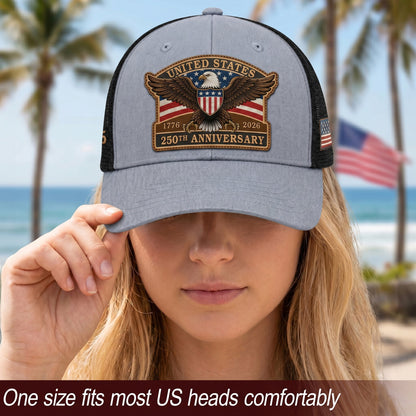 US 250th Anniversary Leather Patch Hat Patriotic Eagle Shield Trucker Cap