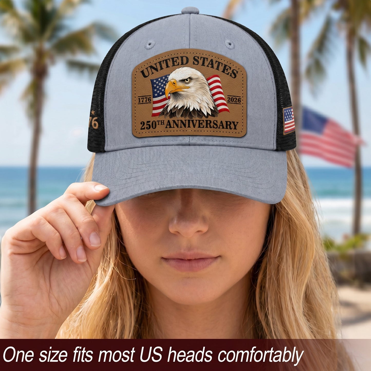 US 250th Anniversary Trucker Hat Patriotic American Eagle Leather Patch Gray Cap