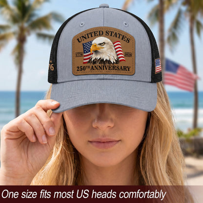 US 250th Anniversary Trucker Hat Patriotic American Eagle Leather Patch Gray Cap