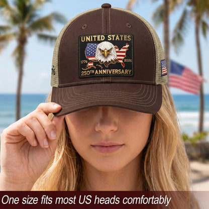 US 250th Anniversary Trucker Hat Vintage American Eagle Leather Patch Brown Cap