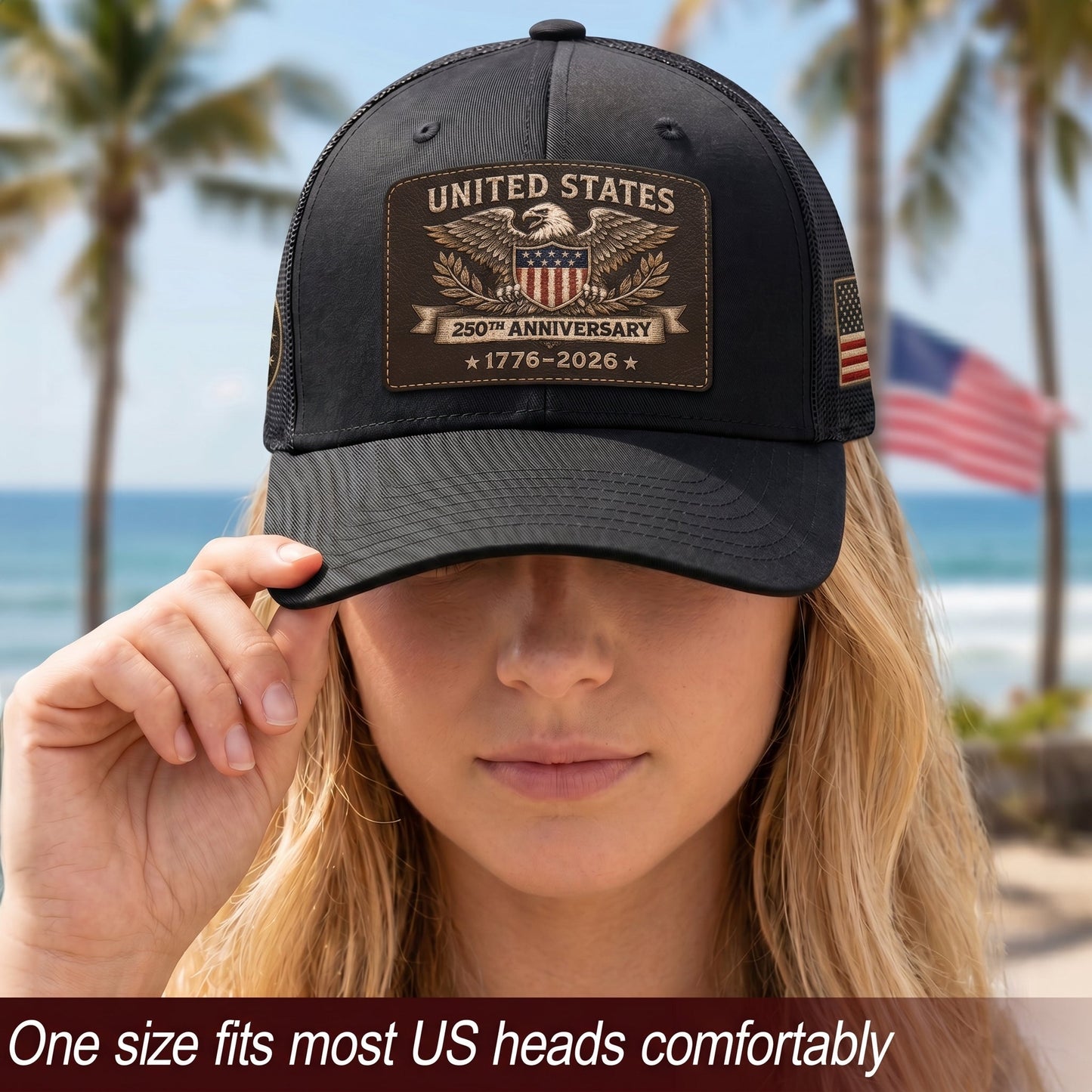 US 250th Anniversary Trucker Hat Vintage American Eagle Leather Patch Black Cap