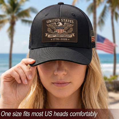 US 250th Anniversary Trucker Hat Vintage American Eagle Leather Patch Black Cap
