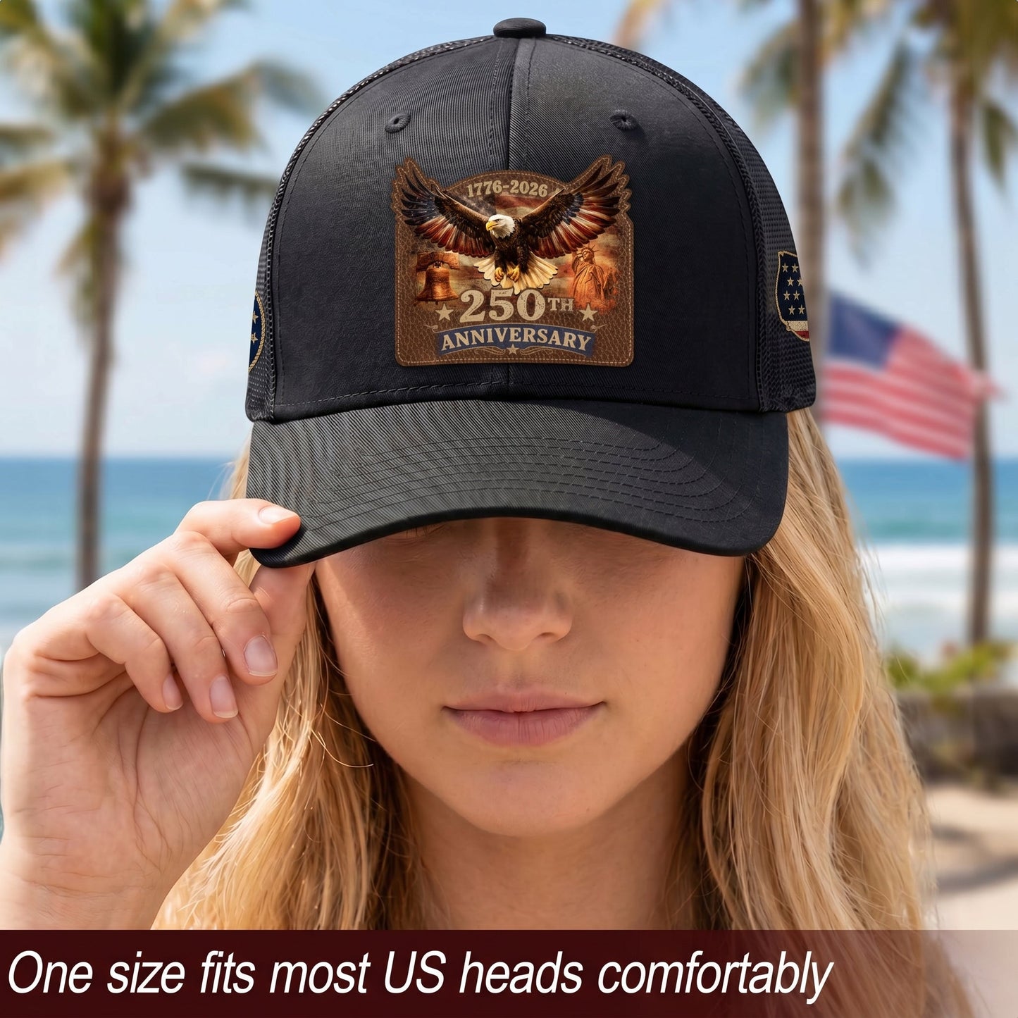 1776-2026 USA Heritage Leather Patch Trucker Cap Patriotic Eagle & Liberty Bell Hat