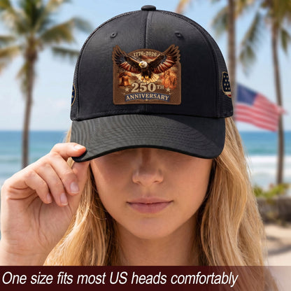 1776-2026 USA Heritage Leather Patch Trucker Cap Patriotic Eagle & Liberty Bell Hat