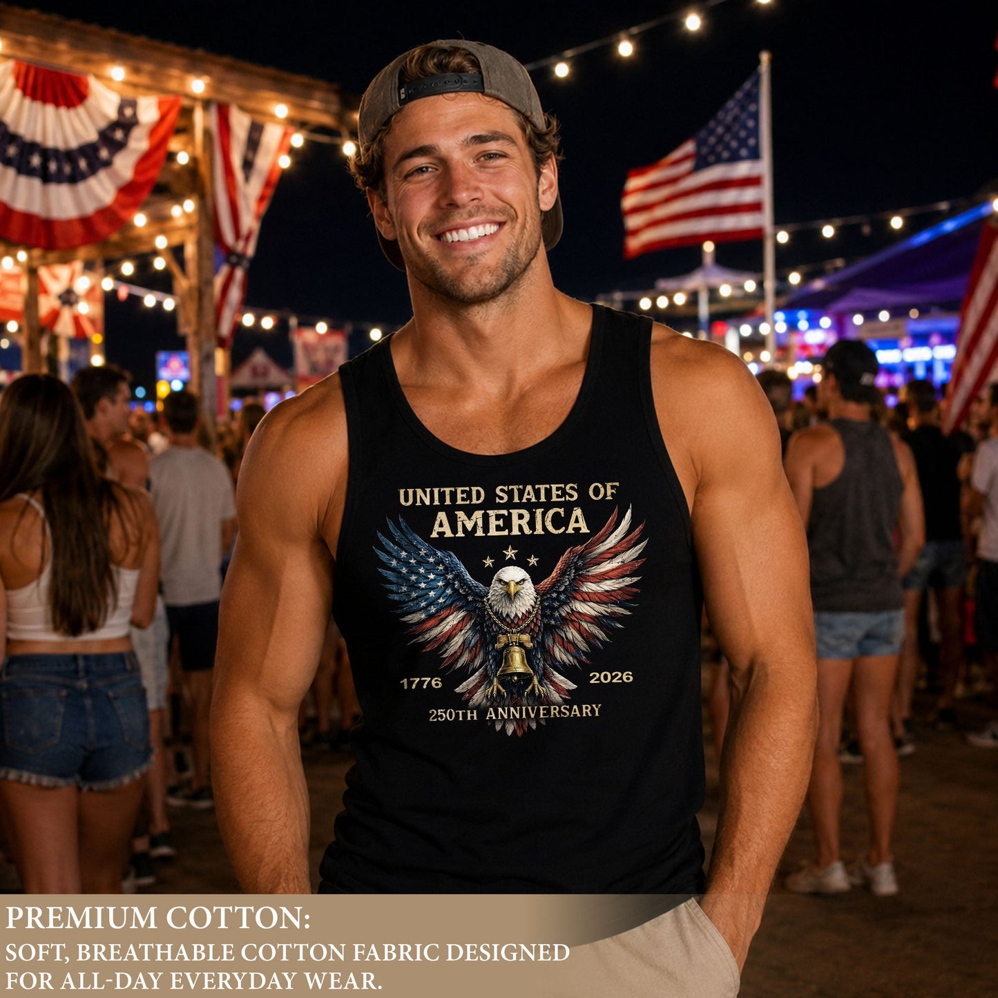 Men Tank Top Patriotic Bald Eagle Liberty Bell 1776-2026 250th Anniversary Flag Wings Vest
