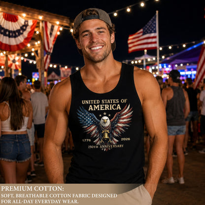 Men Tank Top Patriotic Bald Eagle Liberty Bell 1776-2026 250th Anniversary Flag Wings Vest