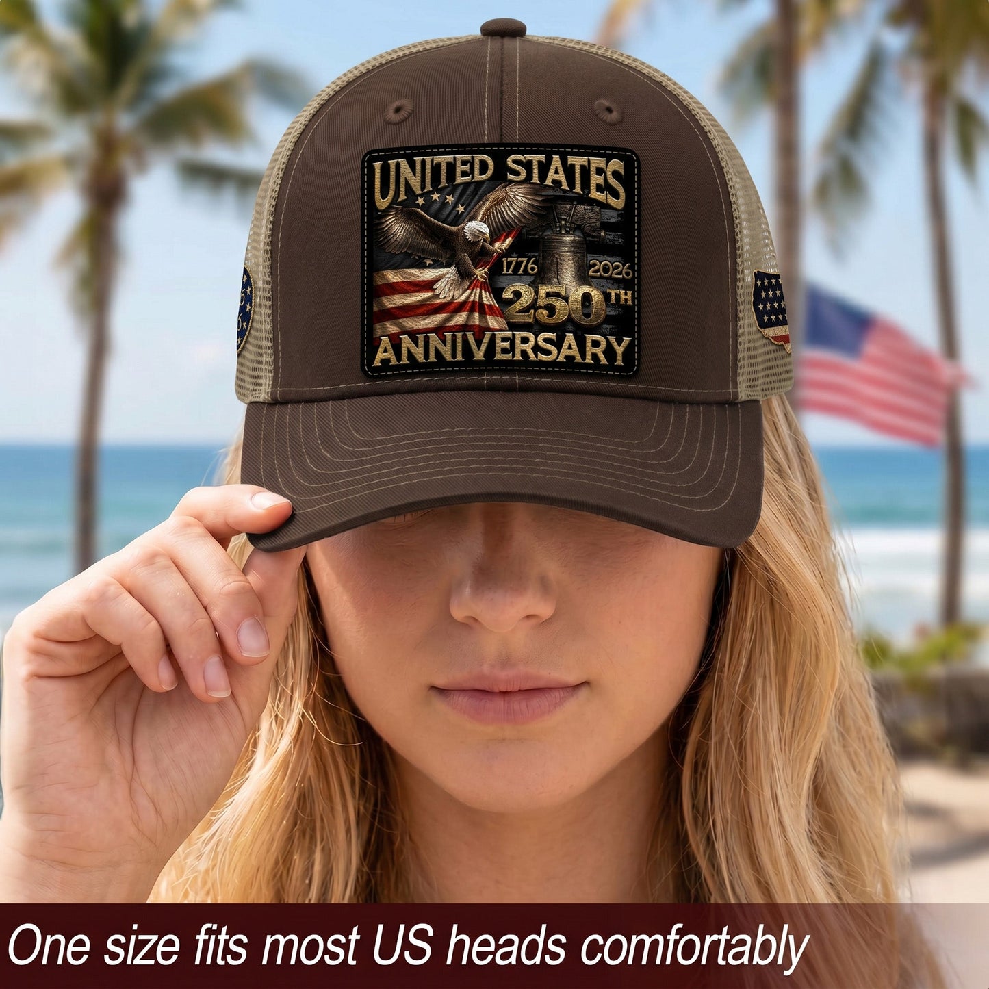 US 250th Anniversary Eagle Trucker Hat Vintage Leather Patch Patriotic Historic Cap