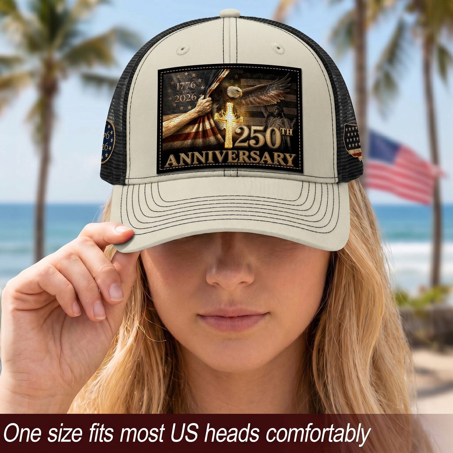 US 250th Anniversary Trucker Hat Christian Cross Eagle Patriotic Leather Patch Mesh Cap