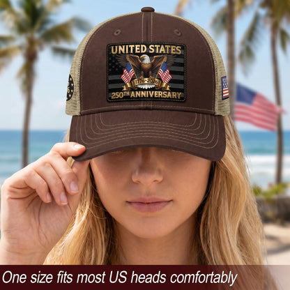 Brown Tan Mesh Back Cap Leather Patch 1776 to 2026 Structured Anniversary Hat