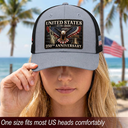 Gray Black Mesh Back Cap Leather Patch 1776 to 2026 Structured Anniversary Hat