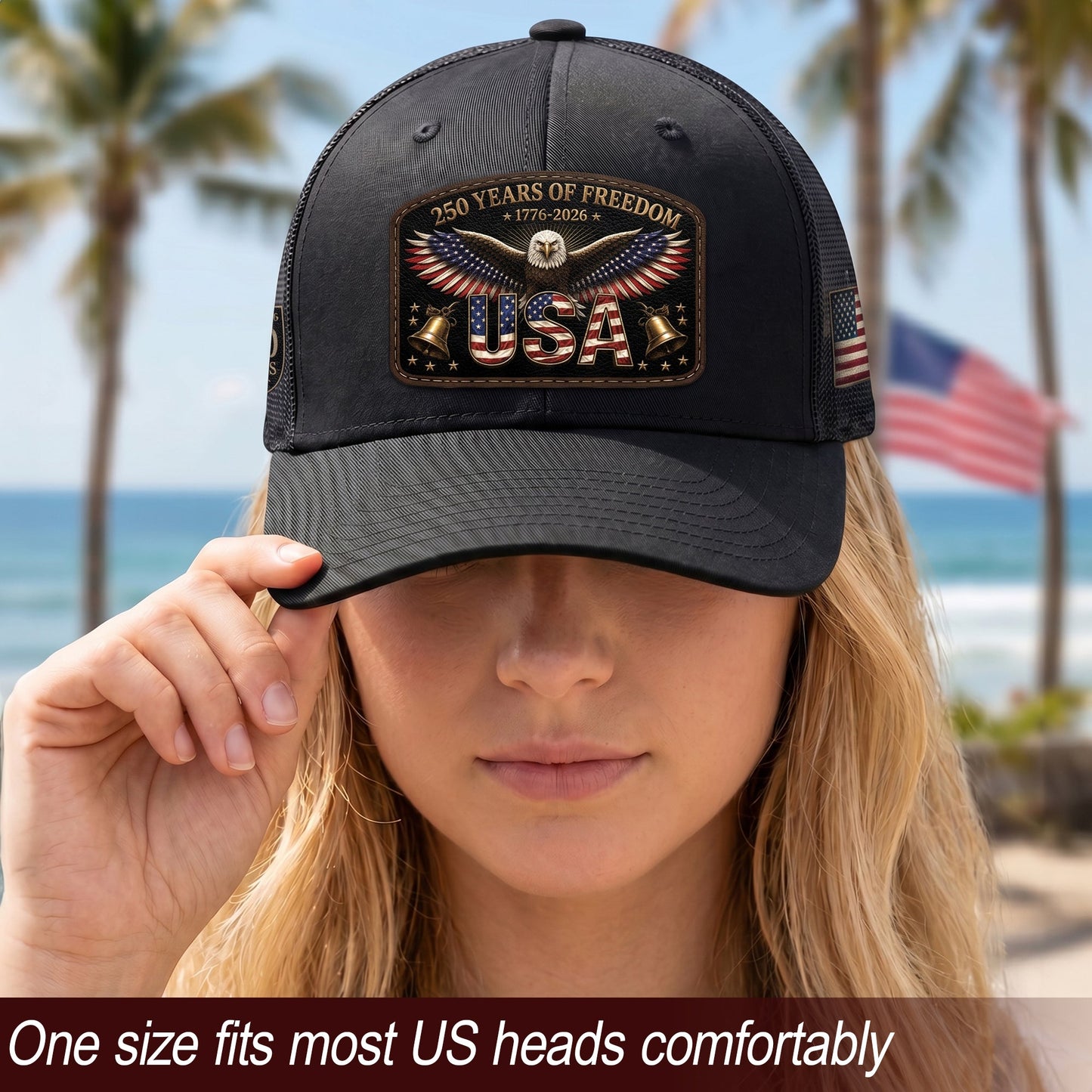 250th Anniversary Freedom Leather Patch Cap - Patriotic Black Trucker Hat