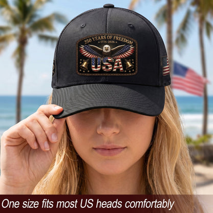 250th Anniversary Freedom Leather Patch Cap - Patriotic Black Trucker Hat
