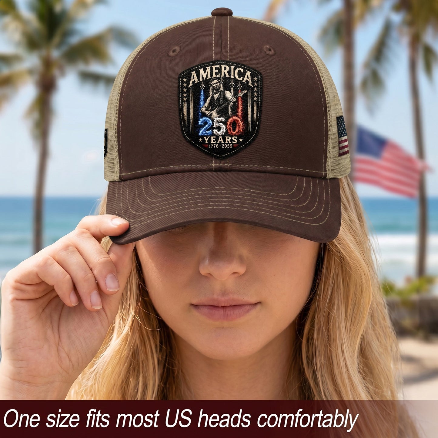 Leather Patch Hat Abraham Lincoln Guitar 1776-2026 Anniversary Cap Patriotic Brown Mesh