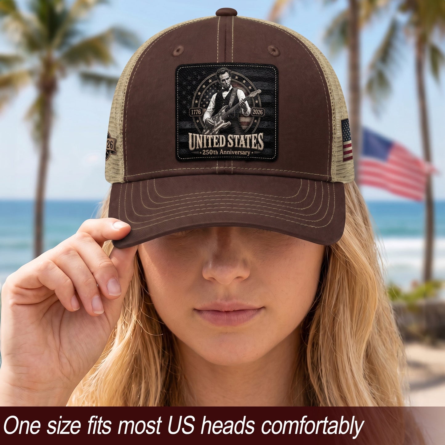Brown Mesh Cap Abraham Lincoln Guitar 1776-2026 Anniversary Leather Patch Patriotic Hat