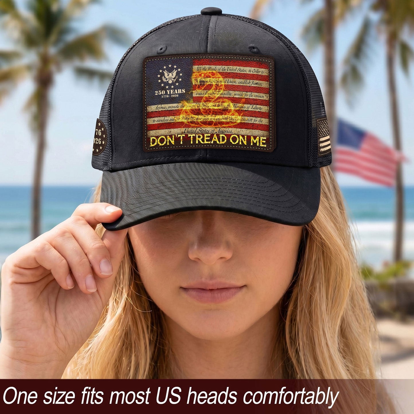 Don’t Tread On Me Leather Patch Hat 250th Anniversary Patriotic Mesh Trucker Cap