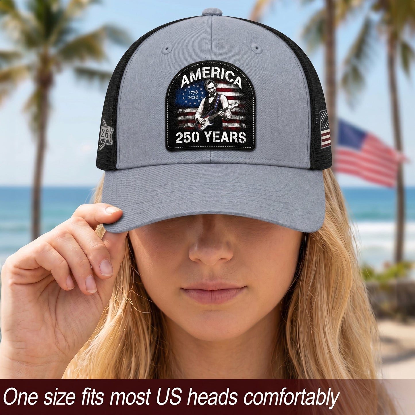 Lincoln Guitar Patch Patriotic Trucker Cap - Premium Mesh Back Hat for USA Anniversary 1776-2026