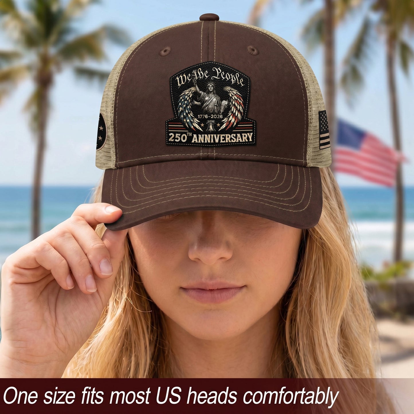 We The People Leather Patch Hat 250th Anniversary Trucker Cap Patriotic US Mesh Hat