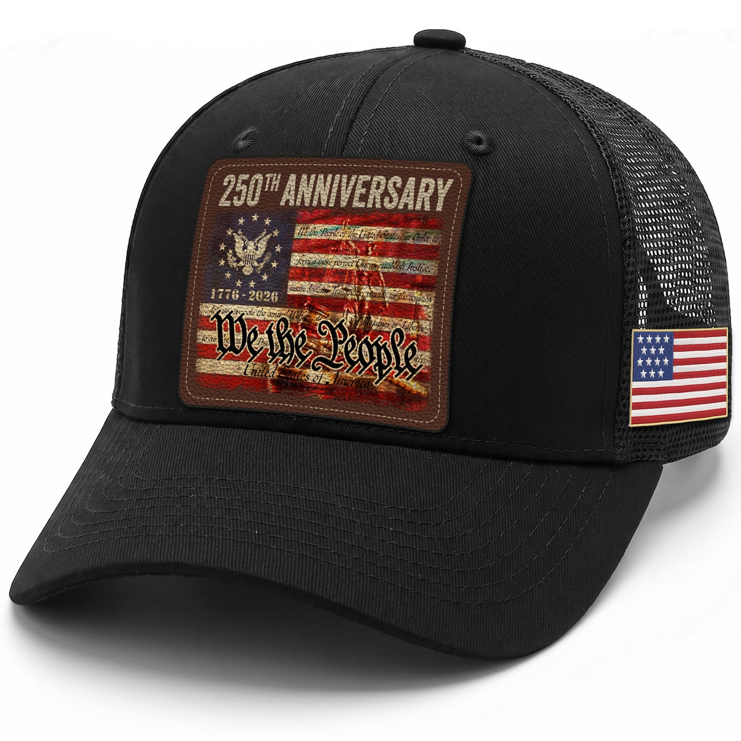 US 250th Anniversary Leather Patch Hat We The People Constitution Trucker Cap
