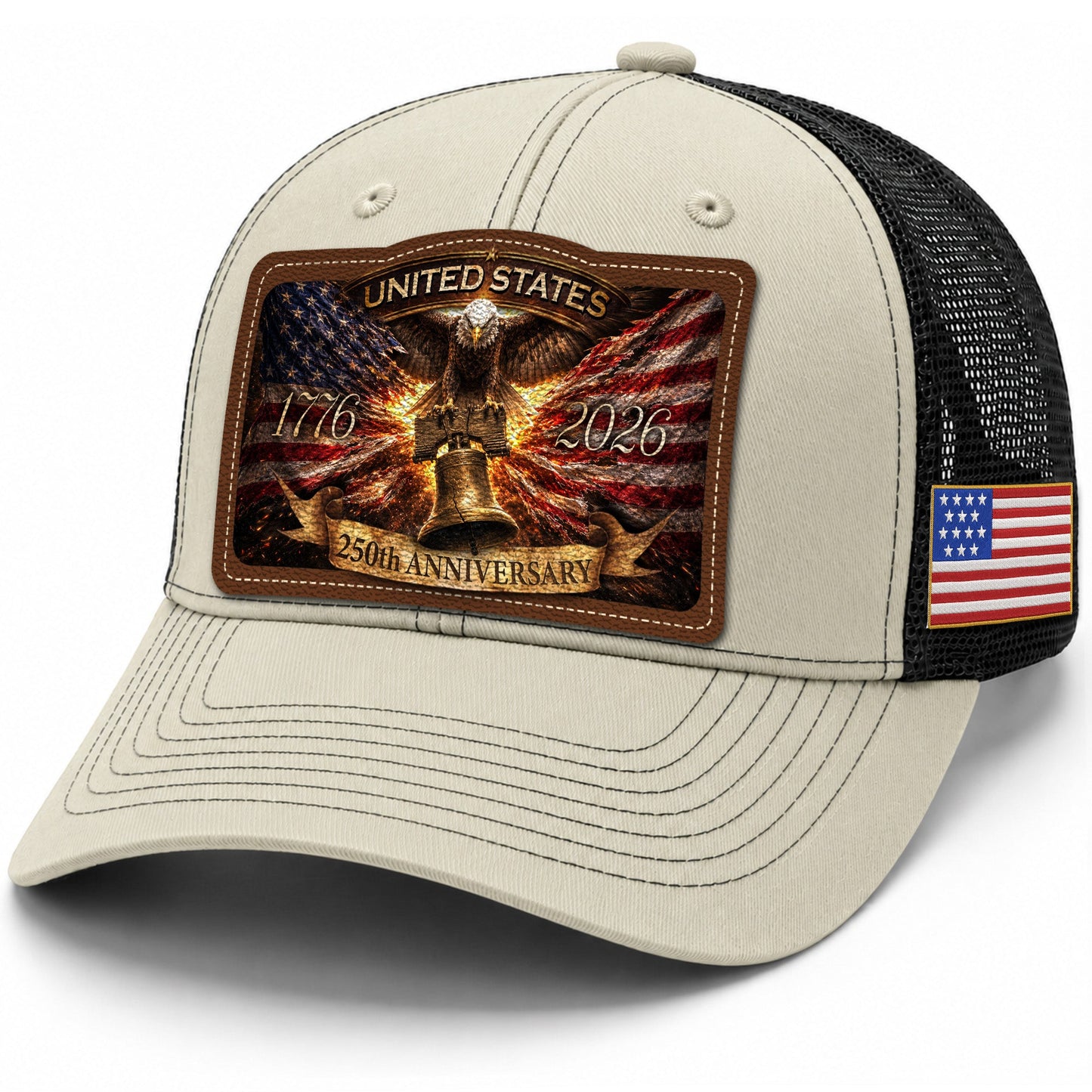 US 250th Anniversary Leather Patch Hat Liberty Bell Eagle Off White Trucker Cap