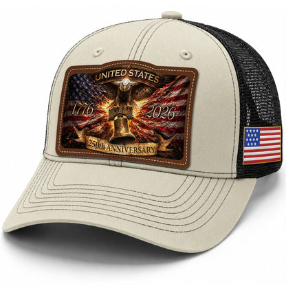 US 250th Anniversary Leather Patch Hat Liberty Bell Eagle Off White Trucker Cap