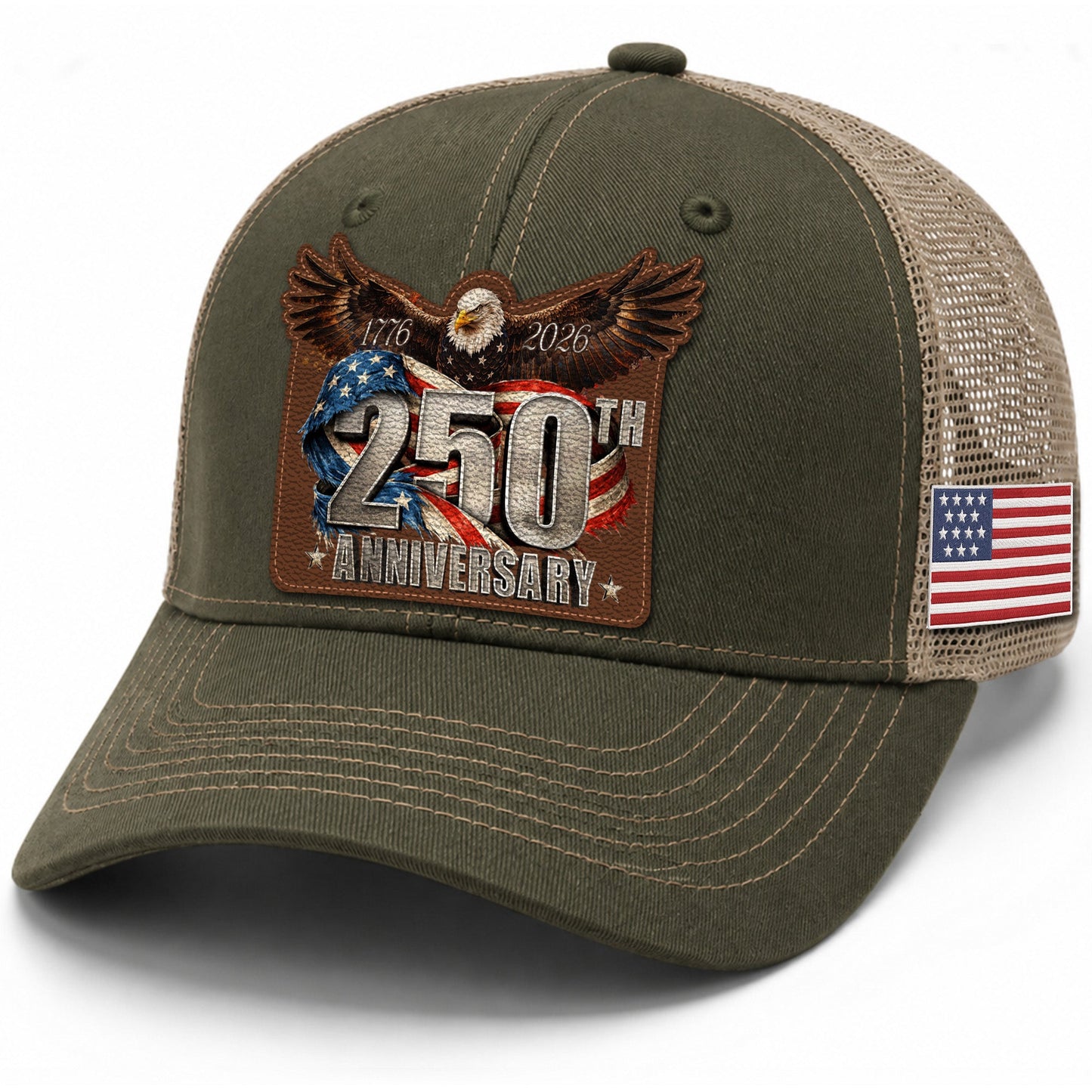 US 250th Anniversary Leather Patch Hat Patriotic Eagle Trucker Cap