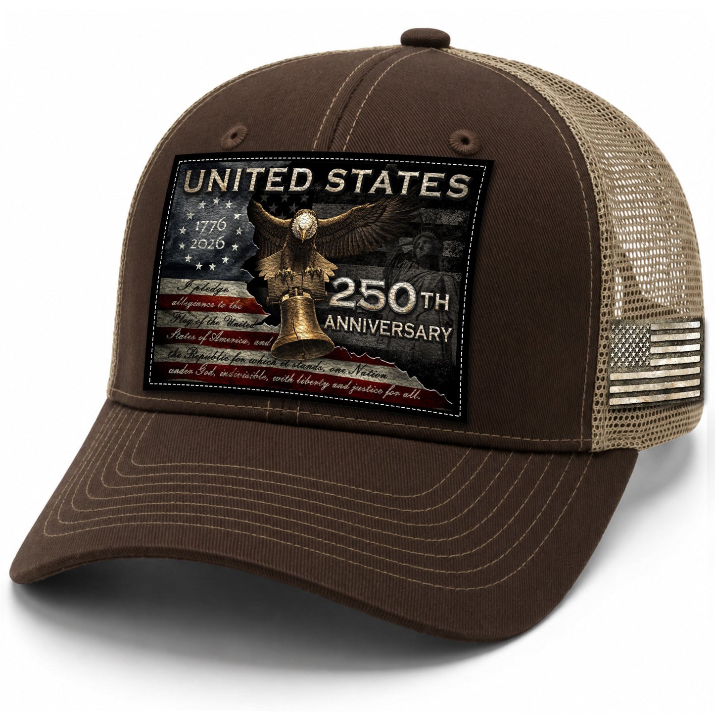 US 250th Anniversary Hat Pledge of Allegiance Liberty Bell Brown Trucker Cap