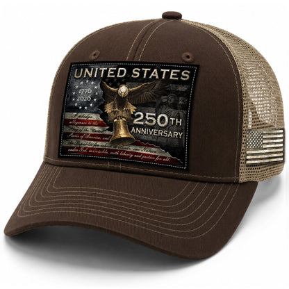 US 250th Anniversary Hat Pledge of Allegiance Liberty Bell Brown Trucker Cap