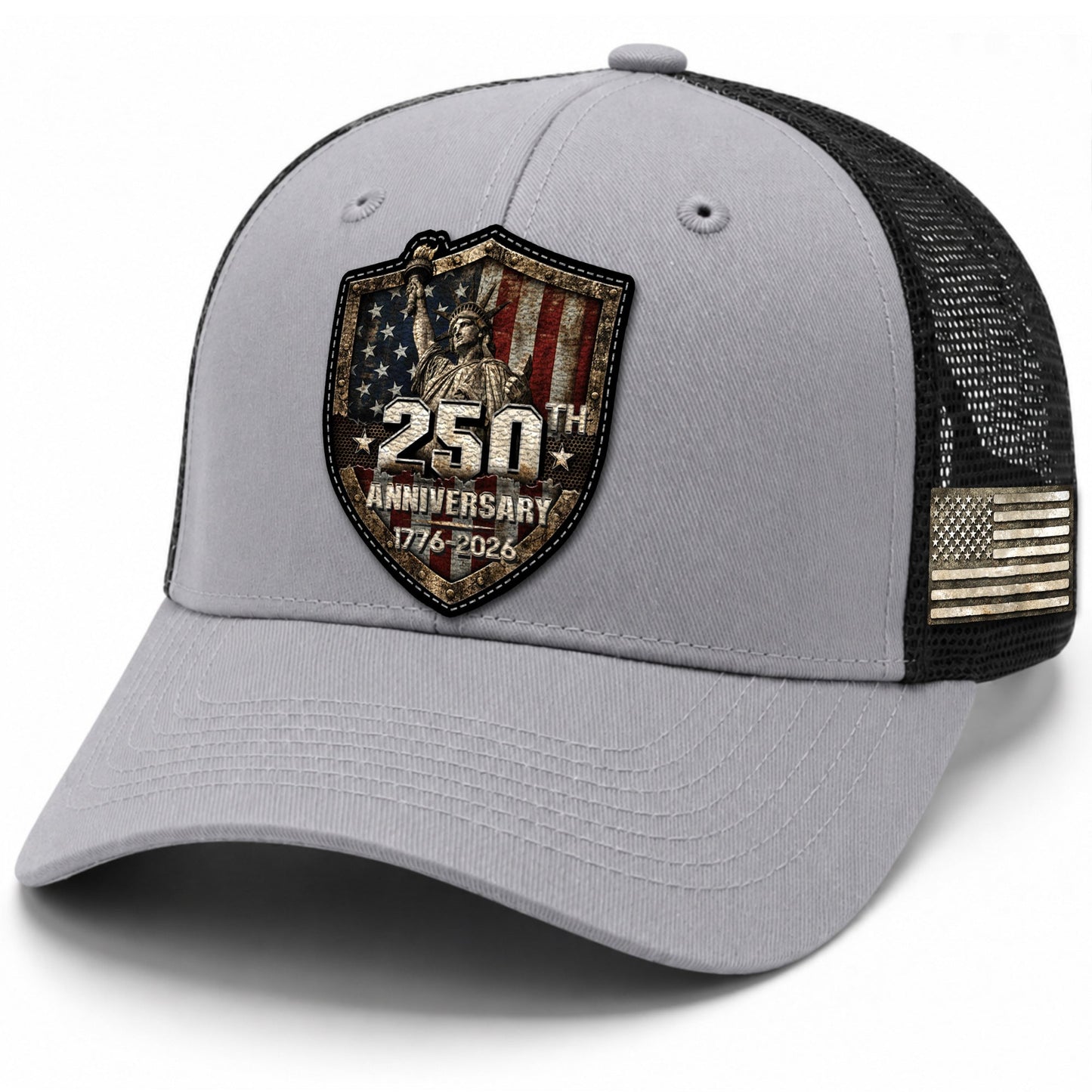 US 250th Anniversary Trucker Hat Vintage Liberty Shield Gray Leather Patch Cap