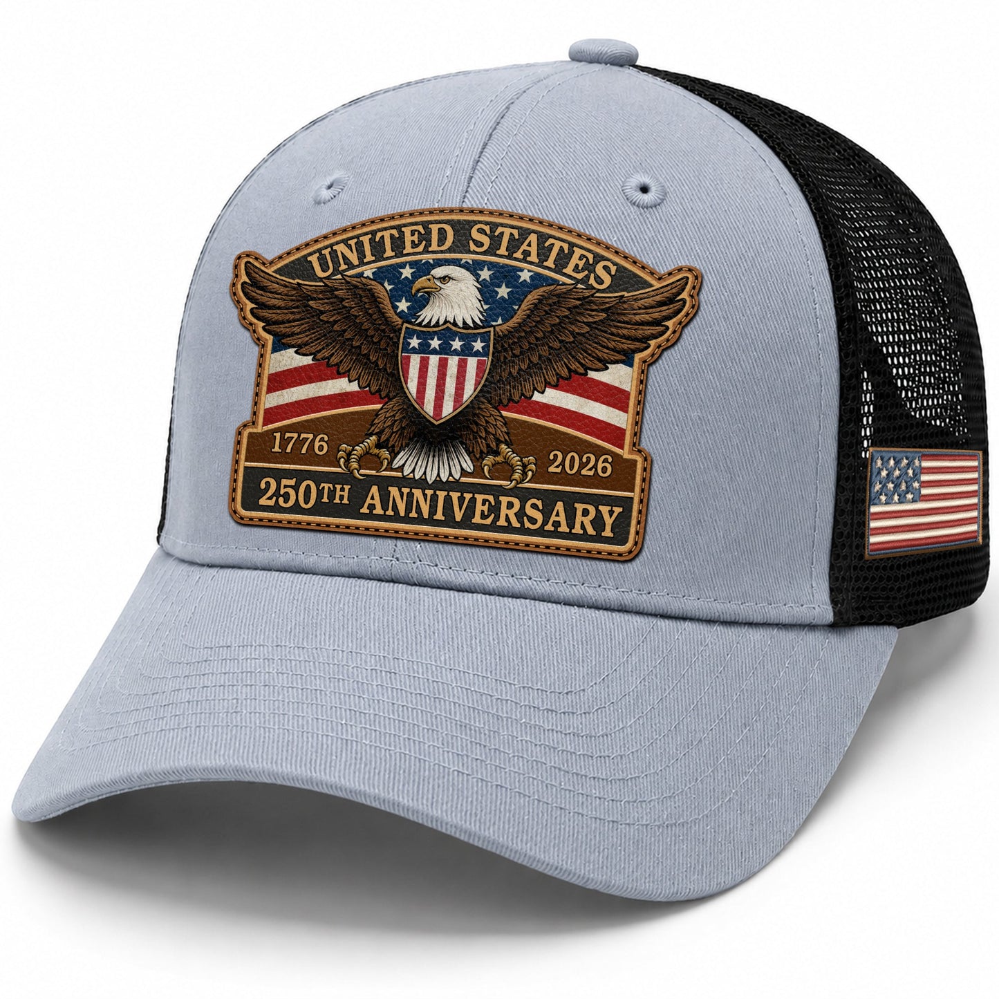 US 250th Anniversary Leather Patch Hat Patriotic Eagle Shield Trucker Cap