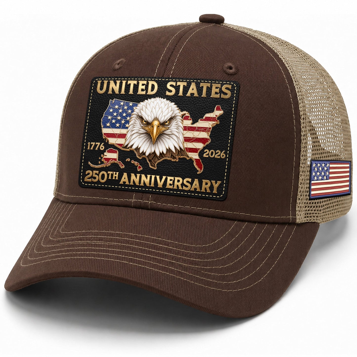 US 250th Anniversary Trucker Hat Vintage American Eagle Leather Patch Brown Cap