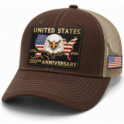 US 250th Anniversary Trucker Hat Vintage American Eagle Leather Patch Brown Cap